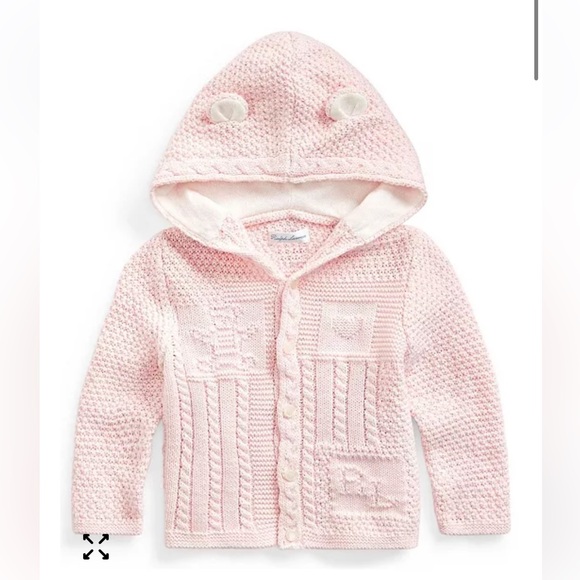 Ralph Lauren Pink Cable Knit Baby Cardigan with ears on hood - Picture 1 of 5